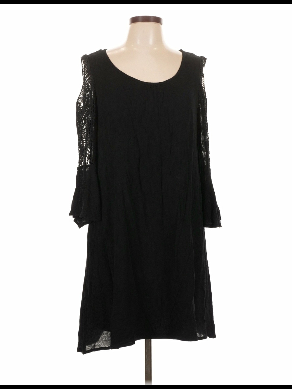 Nina Leonard Black Cold-Shoulder Crochet Sleeve Midi Dress
